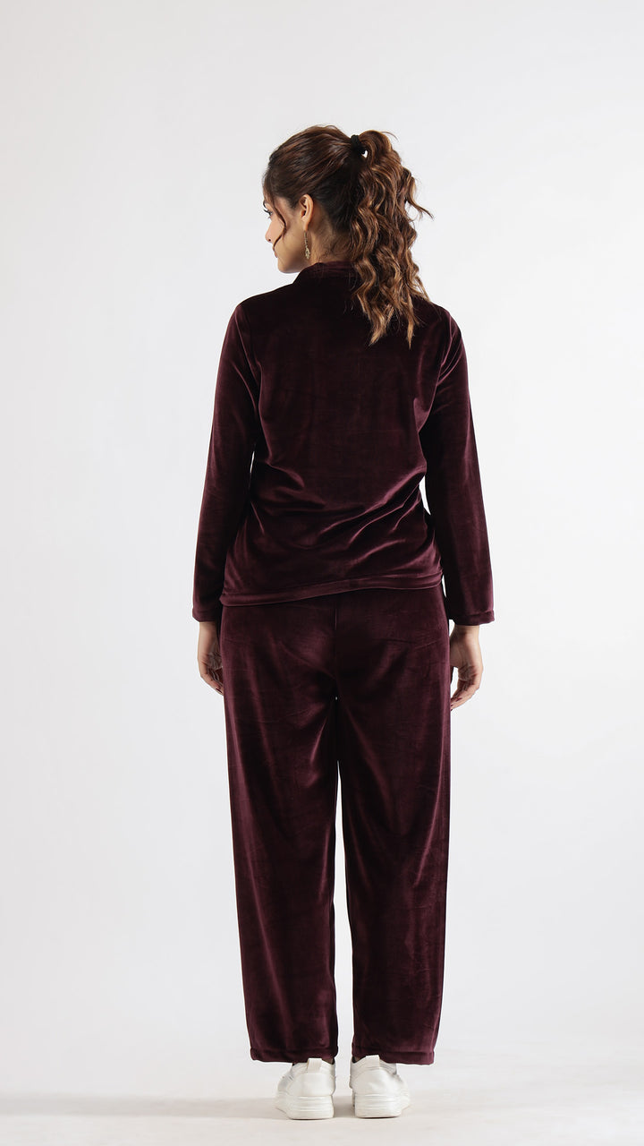 Sophisticated Wine Velvet Co-Ord Set – Full Sleeves with Collared Neck | Co-Ord Set | Shop stylish women's clothing online at Label Flavia |