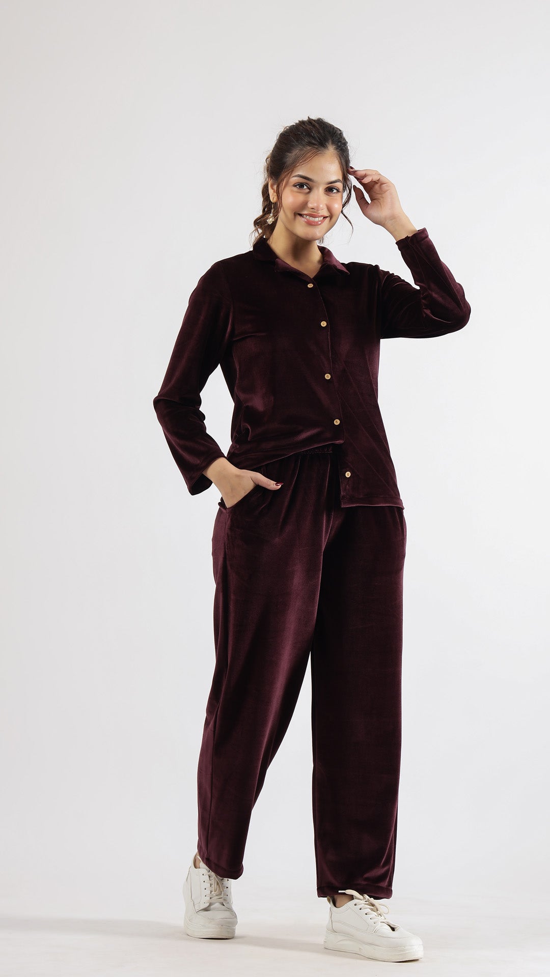 Sophisticated Wine Velvet Co-Ord Set – Full Sleeves with Collared Neck | Co-Ord Set | Shop stylish women's clothing online at Label Flavia |