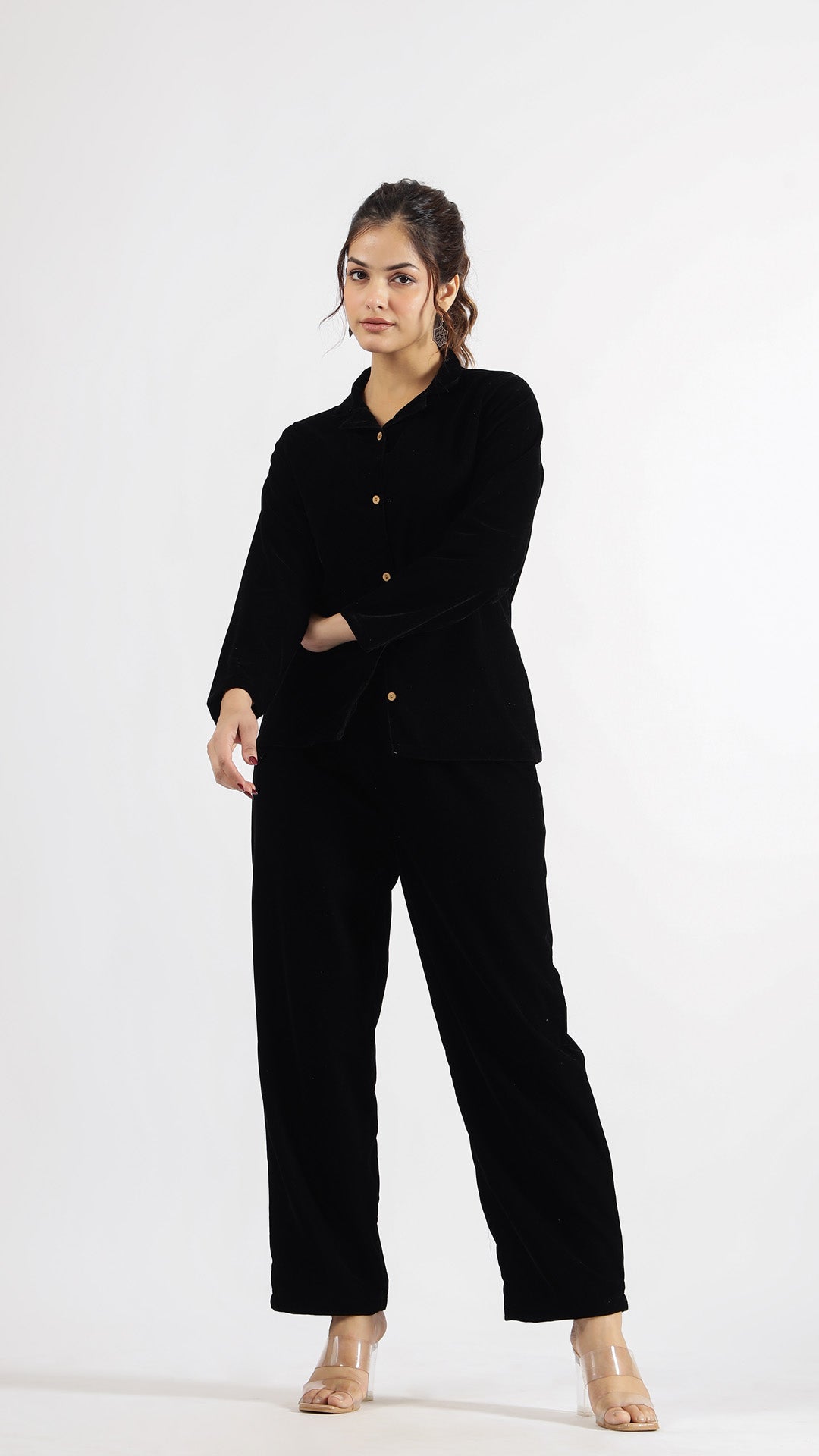 Classic Black Velvet Co-Ord Set – Full Sleeves with Collared Neck | Co-Ord Set | Shop stylish women's clothing online at Label Flavia |