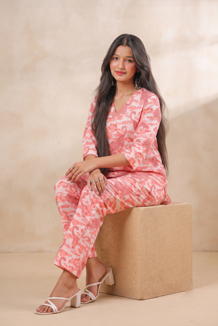 Blush Mirage – Elegant Handcrafted Print Co-ord Set
