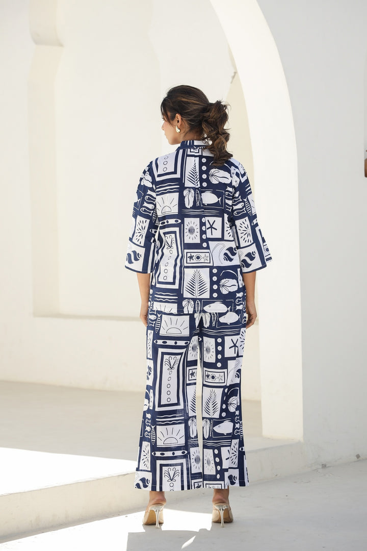 Chic Navy Blue & White Abstract Print Co-Ord Set