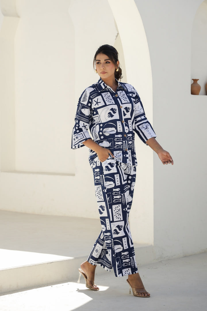 Chic Navy Blue & White Abstract Print Co-Ord Set