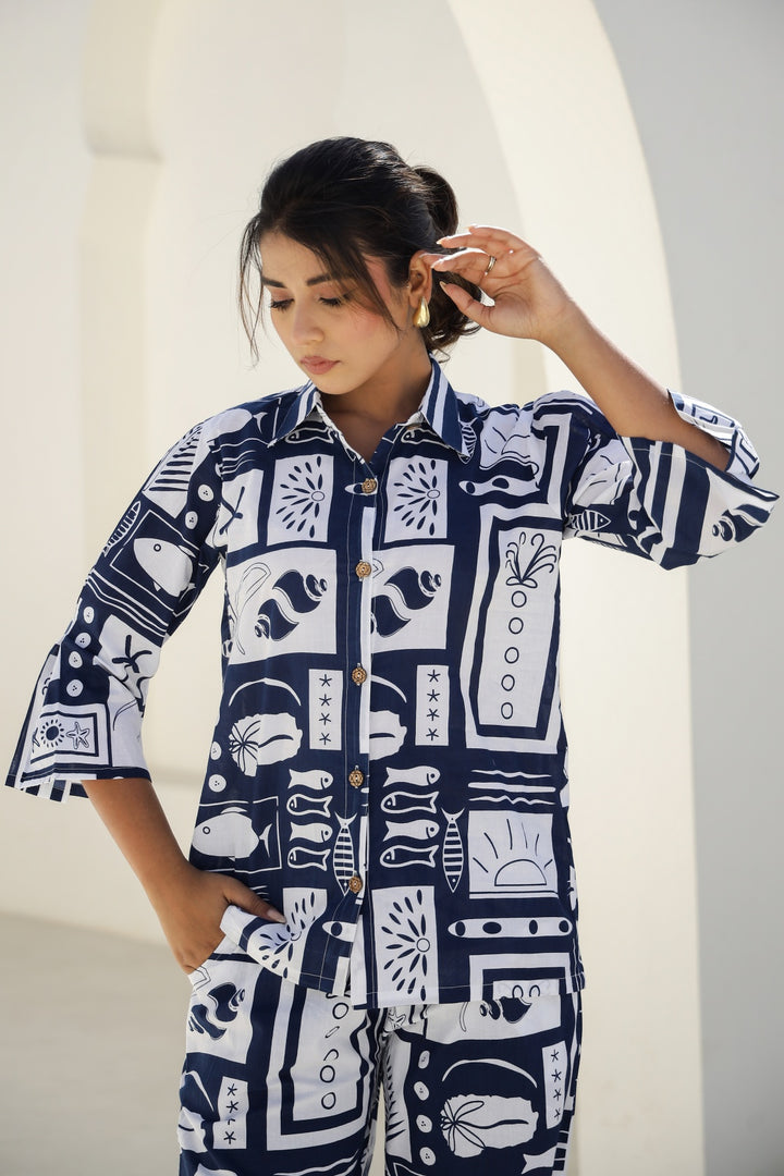 Chic Navy Blue & White Abstract Print Co-Ord Set