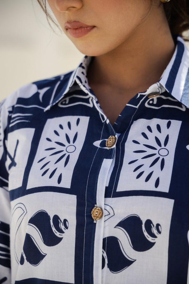 Chic Navy Blue & White Abstract Print Co-Ord Set