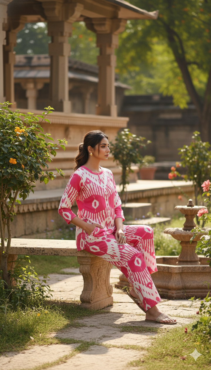 Chic Pink & White Ikat Print Co-Ord Set – Stylish & Comfortable