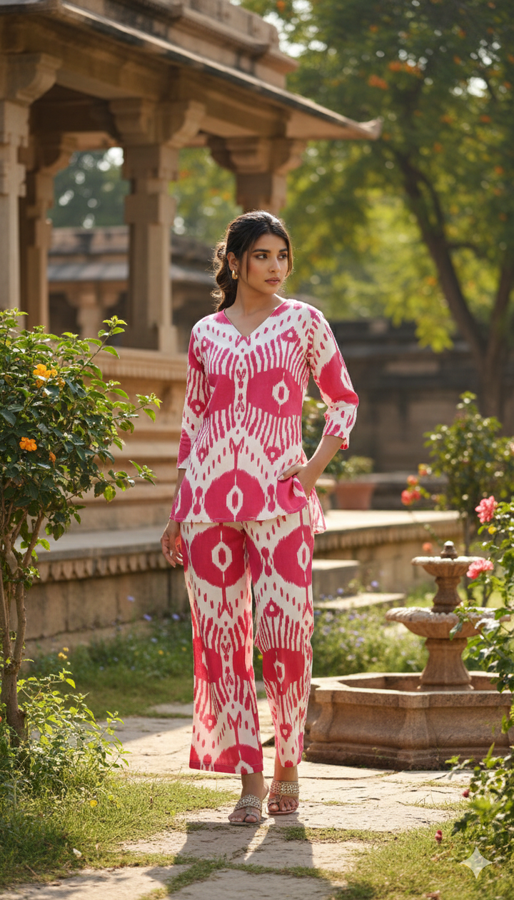 Chic Pink & White Ikat Print Co-Ord Set – Stylish & Comfortable