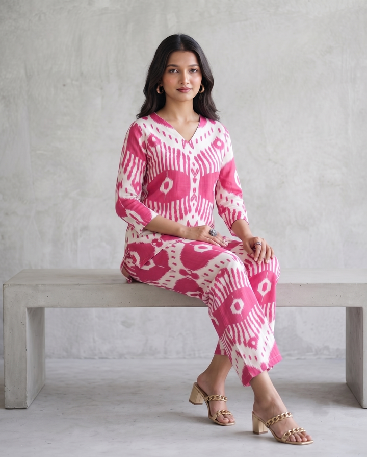 Chic Pink & White Ikat Print Co-Ord Set – Stylish & Comfortable