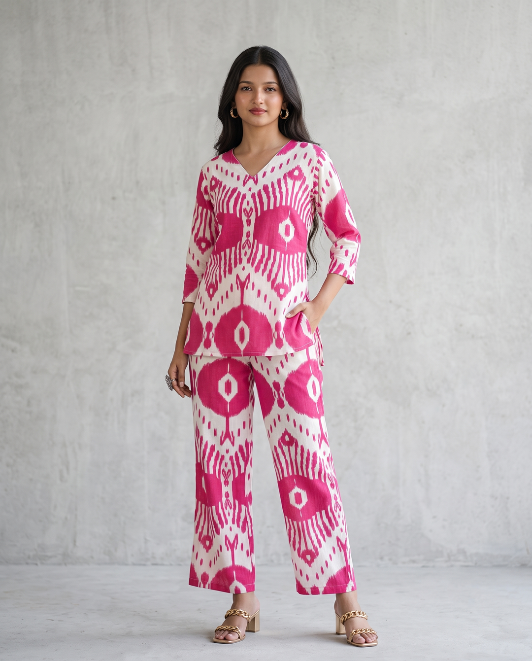 Chic Pink & White Ikat Print Co-Ord Set – Stylish & Comfortable