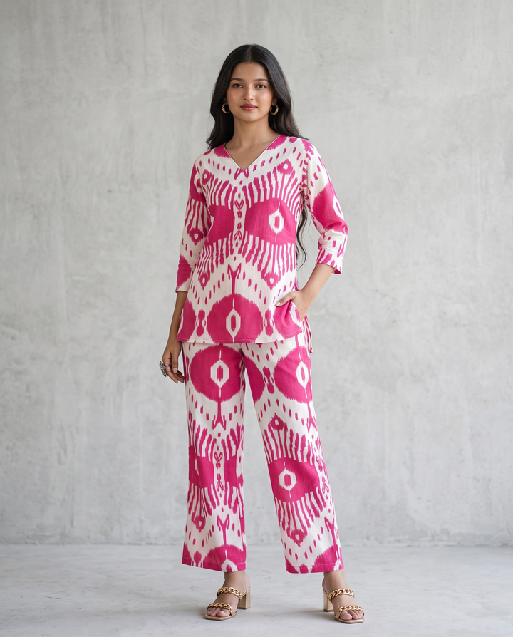 Chic Pink & White Ikat Print Co-Ord Set – Stylish & Comfortable