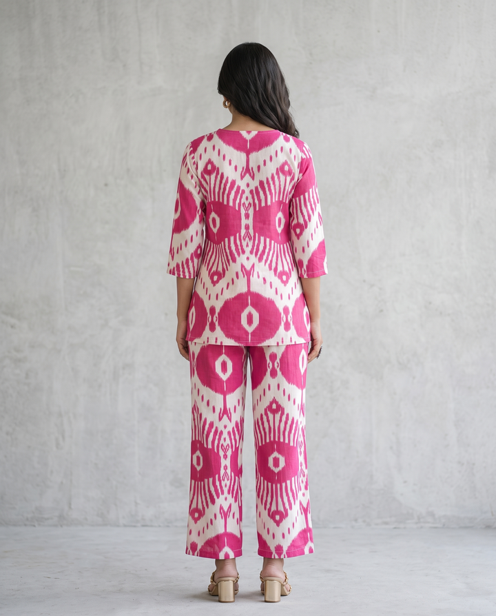 Chic Pink & White Ikat Print Co-Ord Set – Stylish & Comfortable