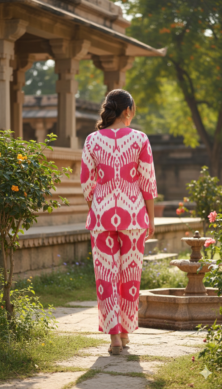 Chic Pink & White Ikat Print Co-Ord Set – Stylish & Comfortable