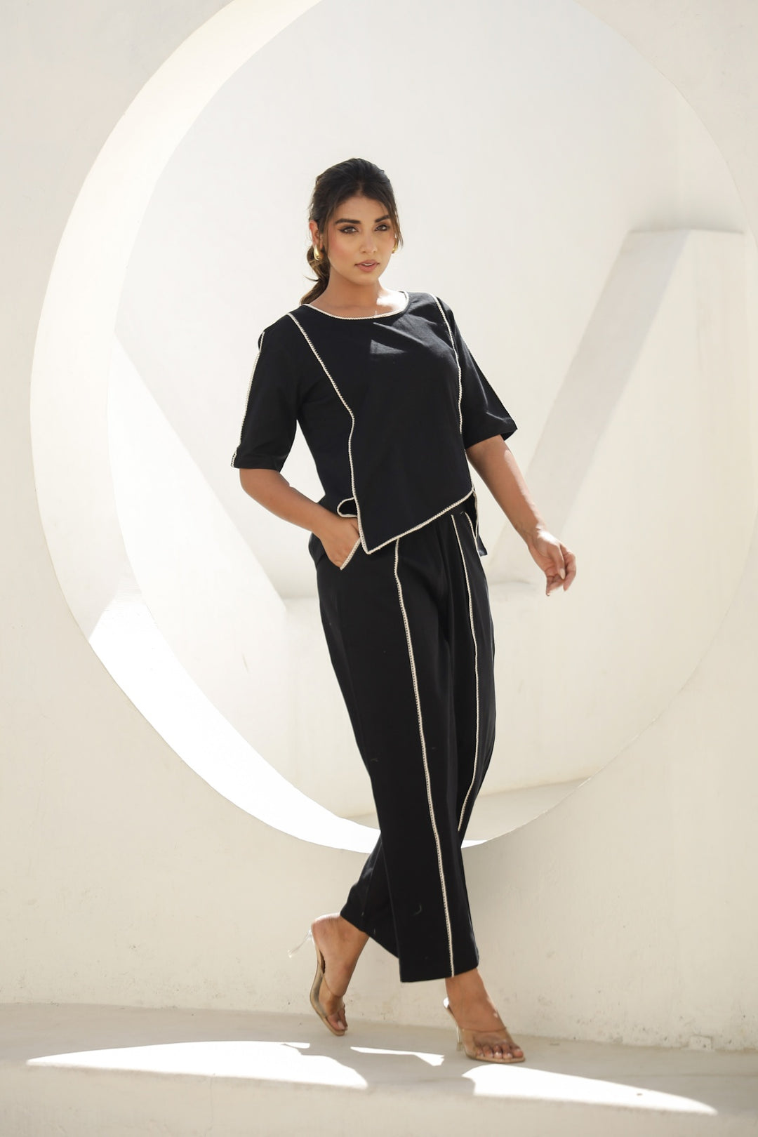 Chic Black Co-Ord Set with Contrast Stitching – Trendy & Elegant