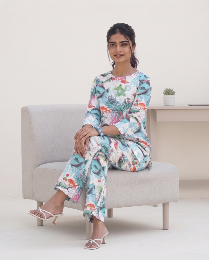Aqua Marine Printed Cotton Cord Set