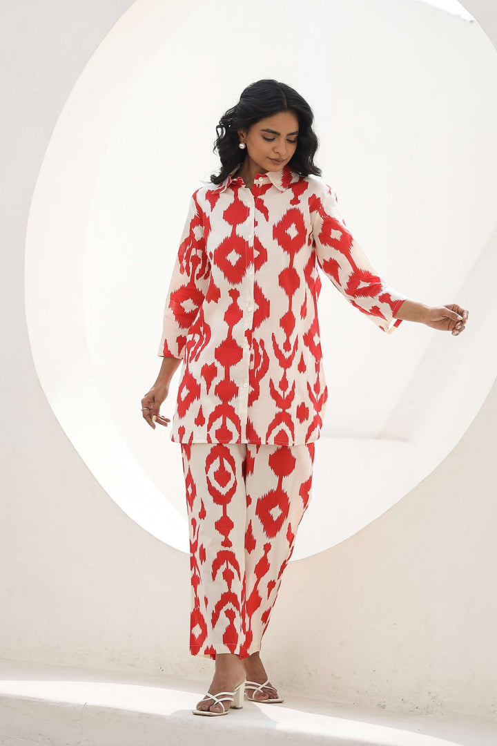 Red Ikat Print Cotton Co-Ord Set