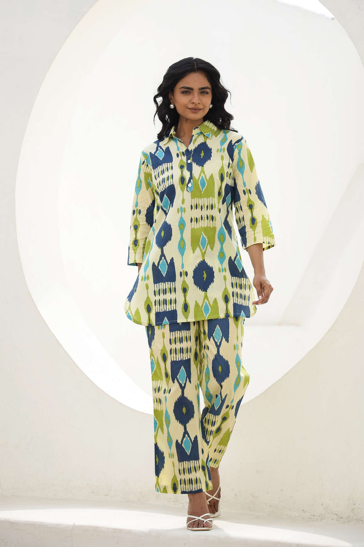 Blue & Green Ikat Print Cotton Co-Ord Set