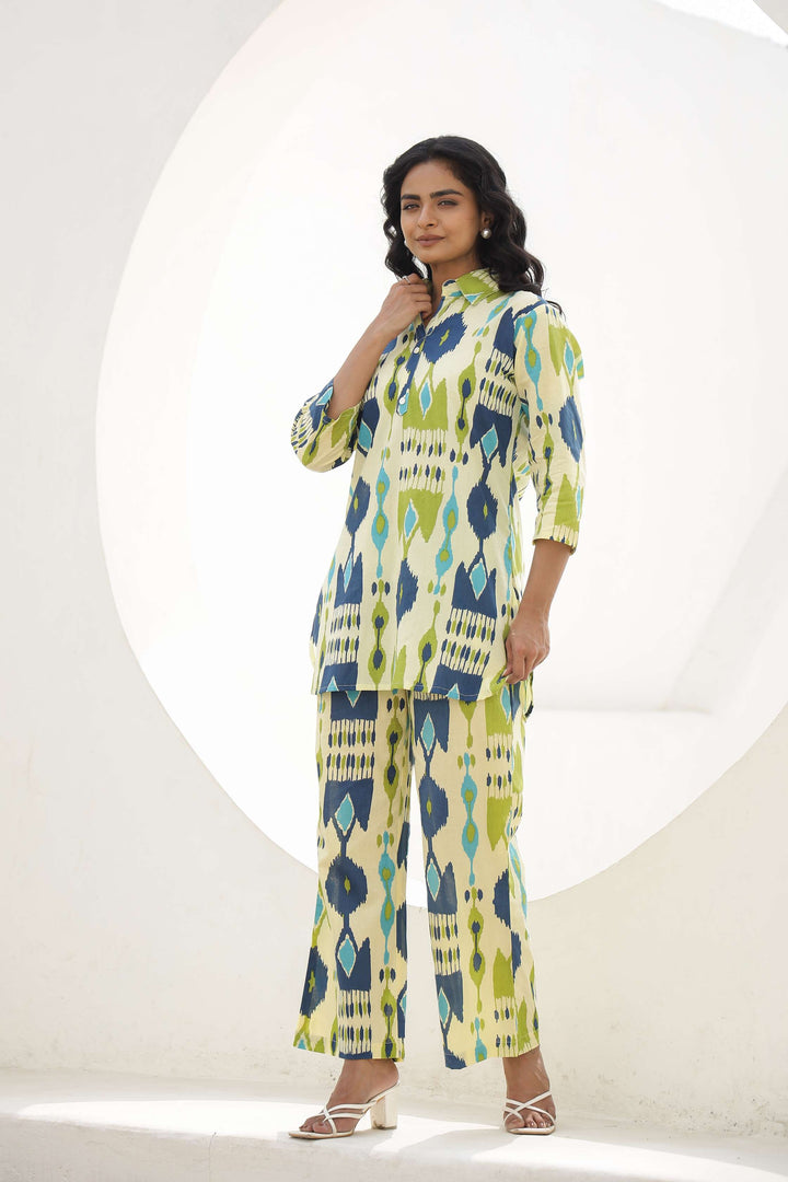 Blue & Green Ikat Print Cotton Co-Ord Set