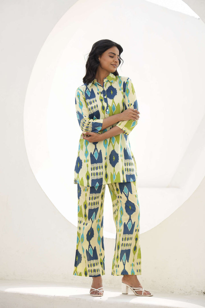 Blue & Green Ikat Print Cotton Co-Ord Set