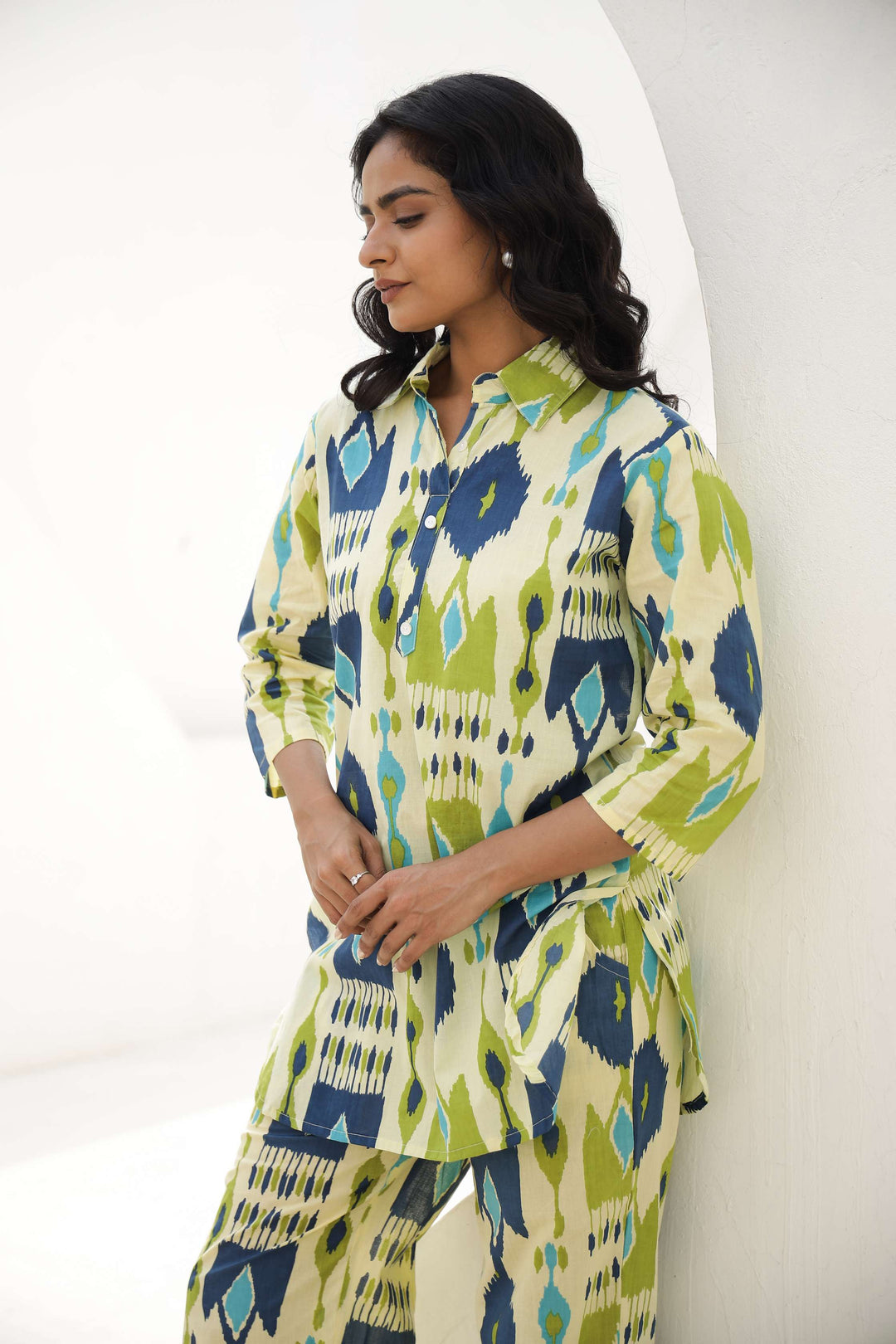 Blue & Green Ikat Print Cotton Co-Ord Set