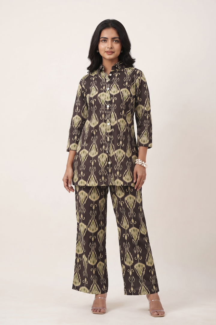 Black & Olive Abstract Ikat Cotton Co-Ord Set