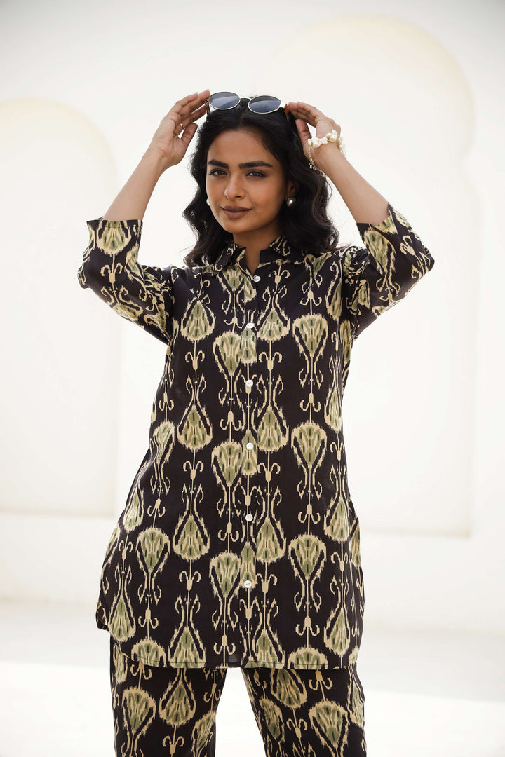 Black & Olive Abstract Ikat Cotton Co-Ord Set