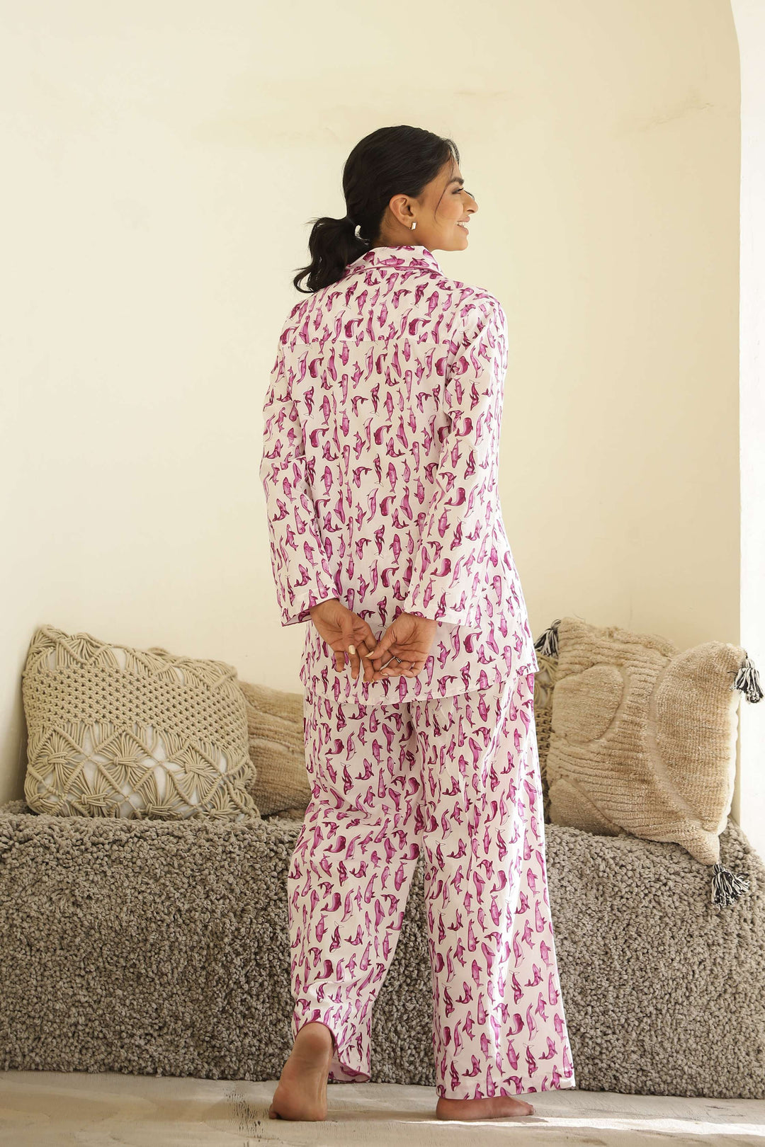 Blush Flamingo Print Cotton Night Suit