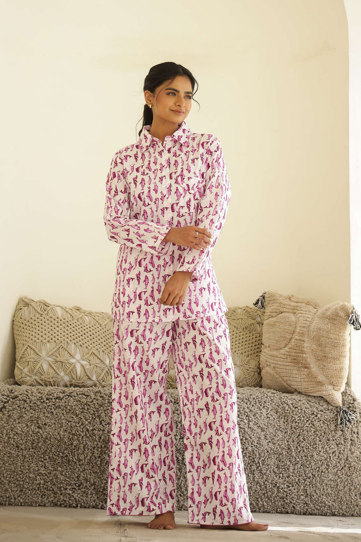 Blush Flamingo Print Cotton Night Suit