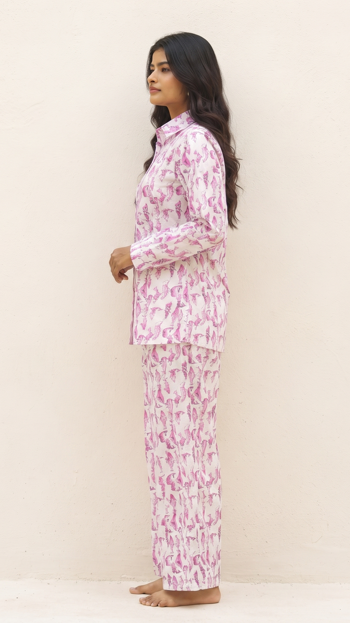 Blush Flamingo Print Cotton Night Suit