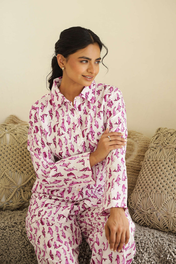 Blush Flamingo Print Cotton Night Suit