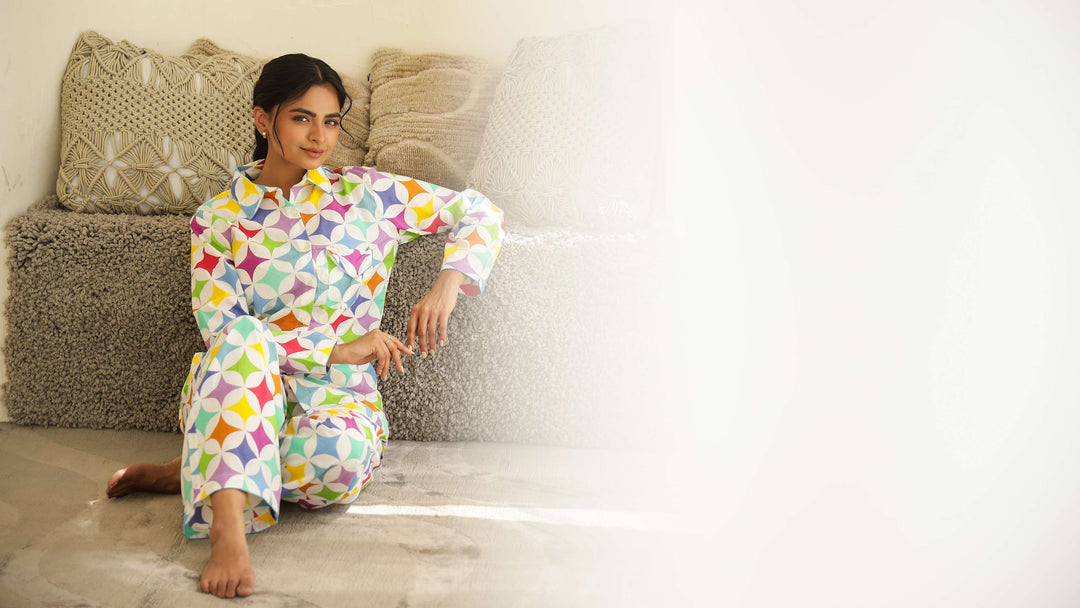 Rainbow Geometry Print Cotton Night Suit