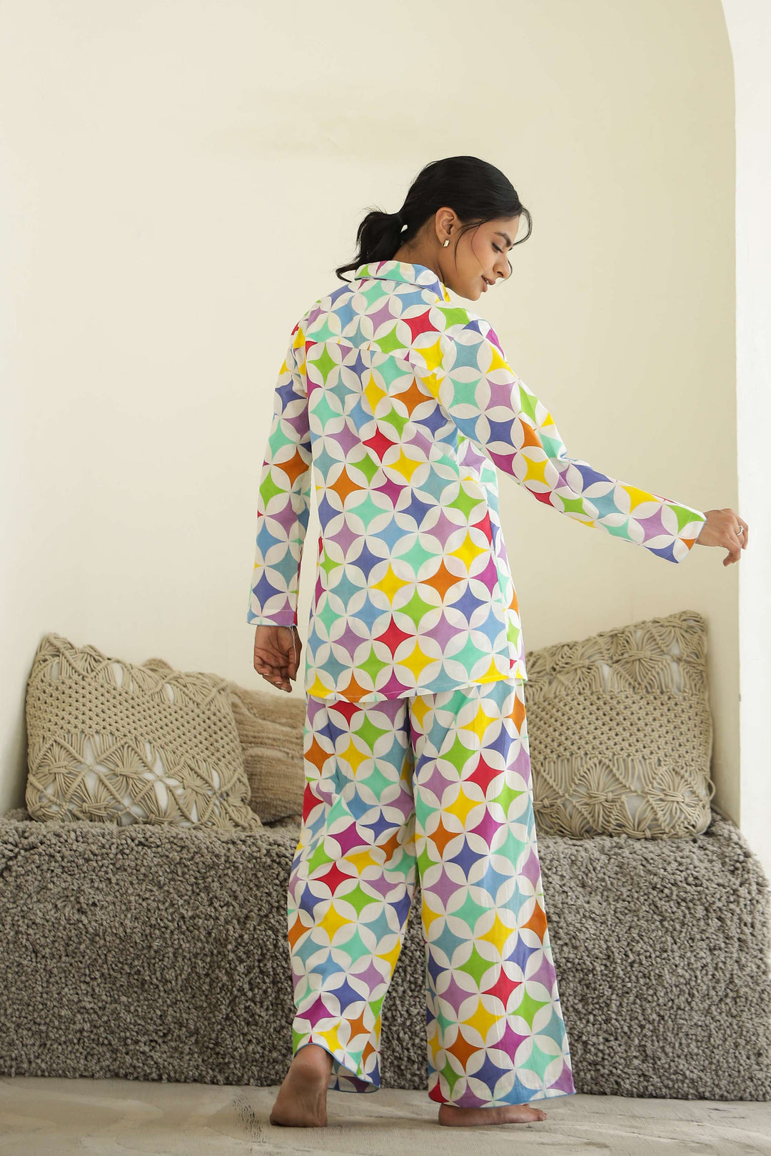 Rainbow Geometry Print Cotton Night Suit