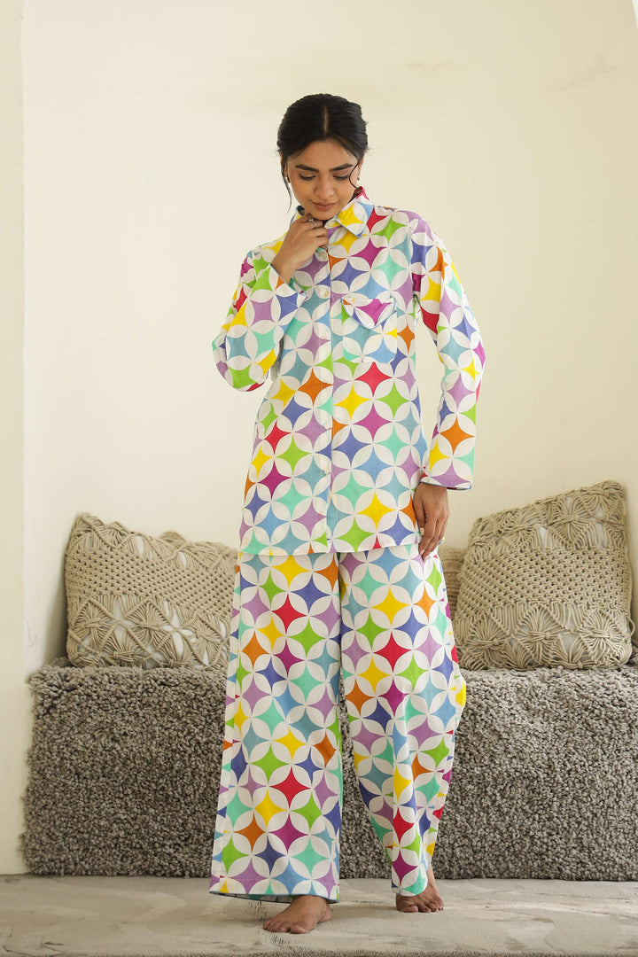 Rainbow Geometry Print Cotton Night Suit