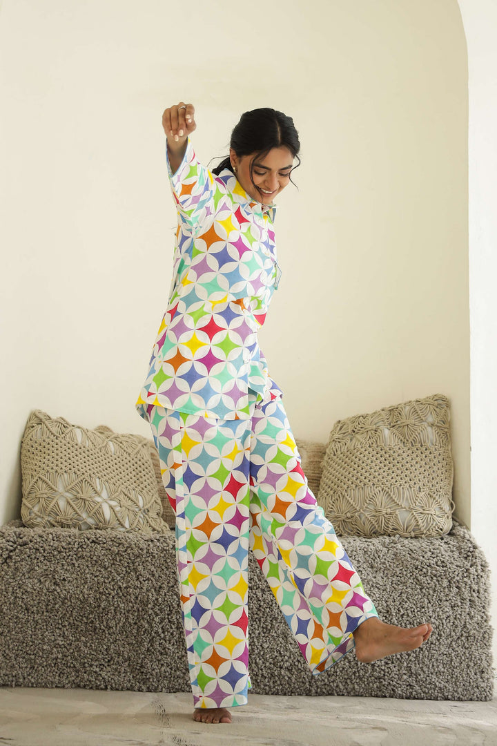 Rainbow Geometry Print Cotton Night Suit