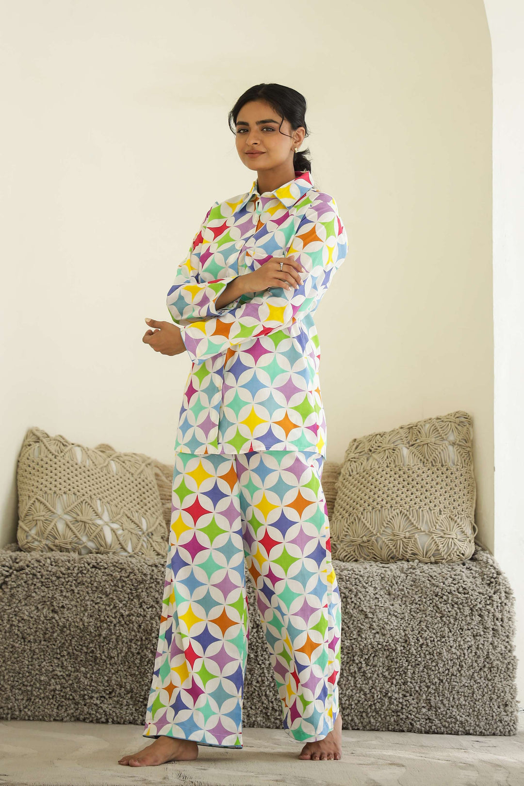 Rainbow Geometry Print Cotton Night Suit