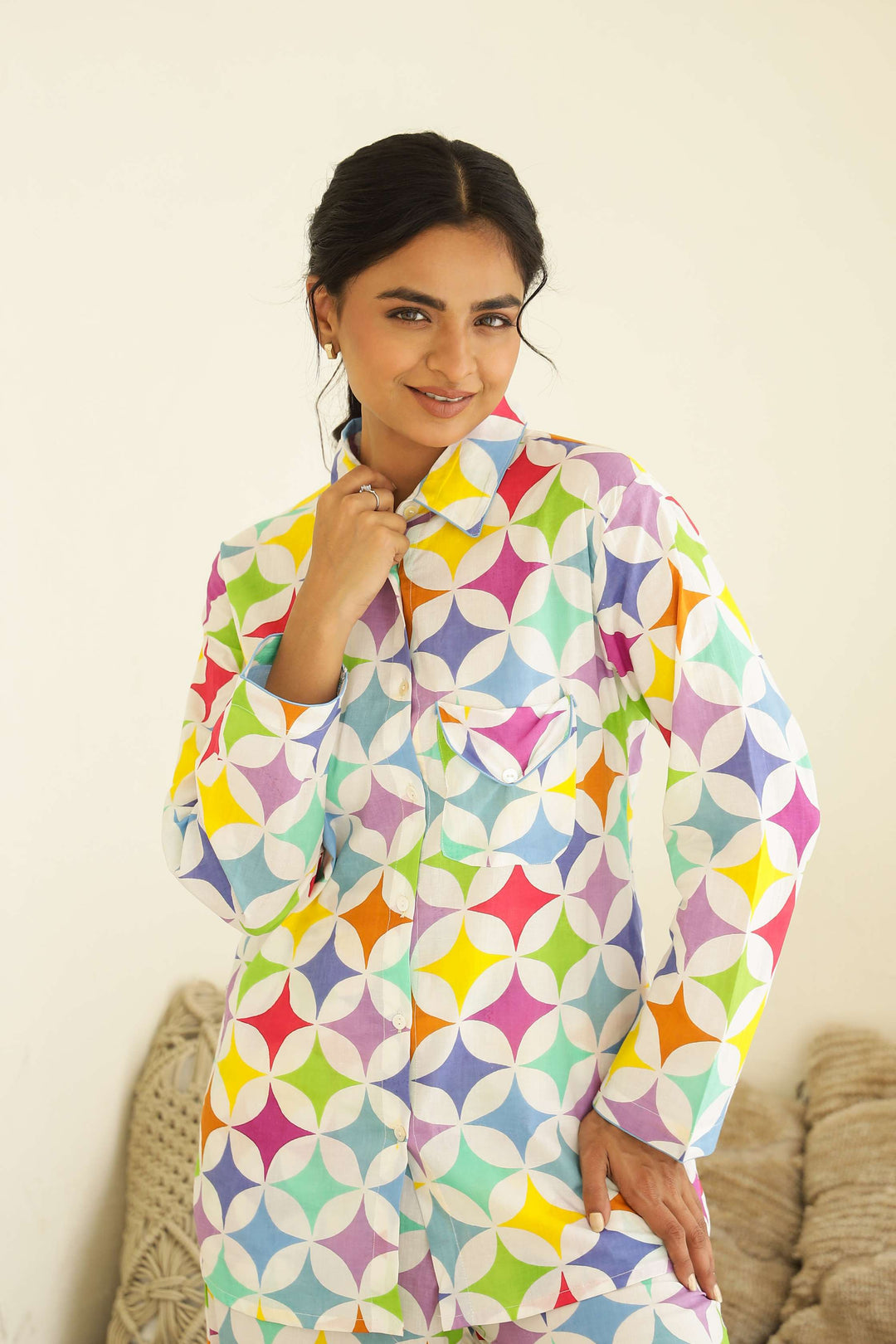 Rainbow Geometry Print Cotton Night Suit