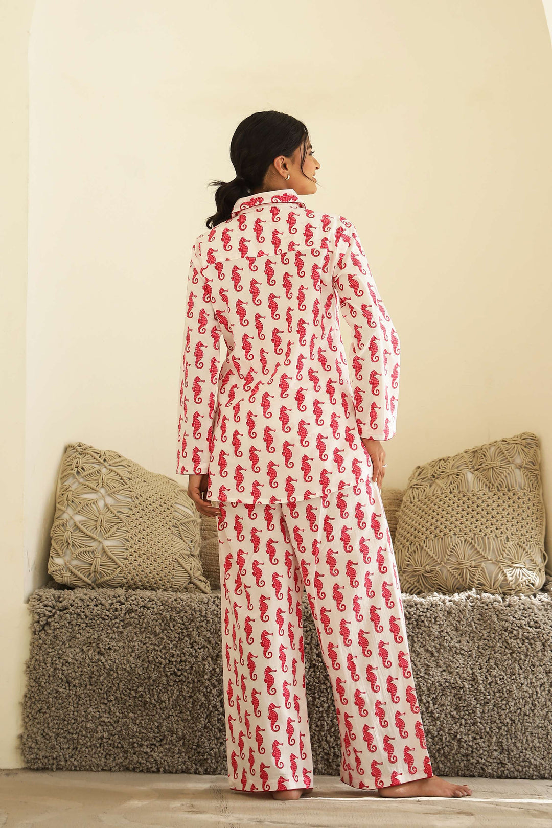 Red Seahorse Print Cotton Night Suit