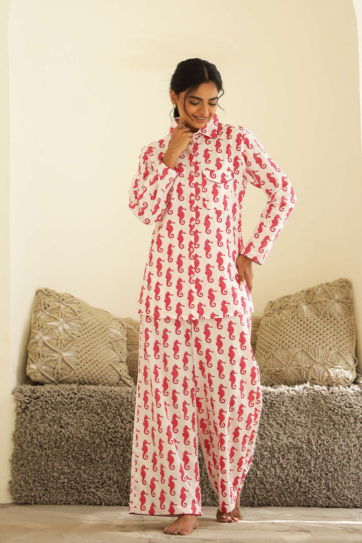 Red Seahorse Print Cotton Night Suit