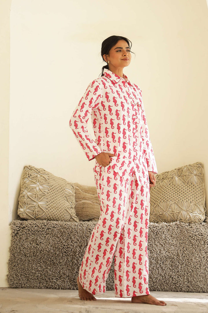 Red Seahorse Print Cotton Night Suit