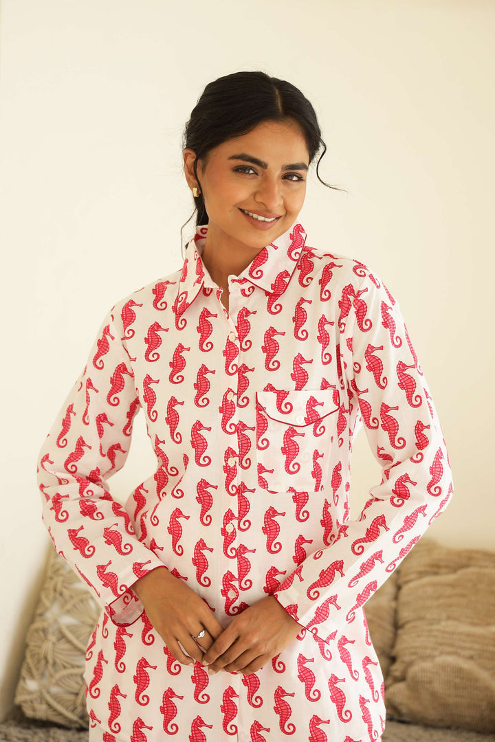 Red Seahorse Print Cotton Night Suit