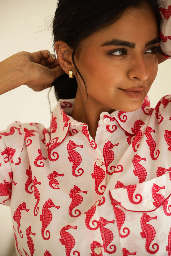 Red Seahorse Print Cotton Night Suit