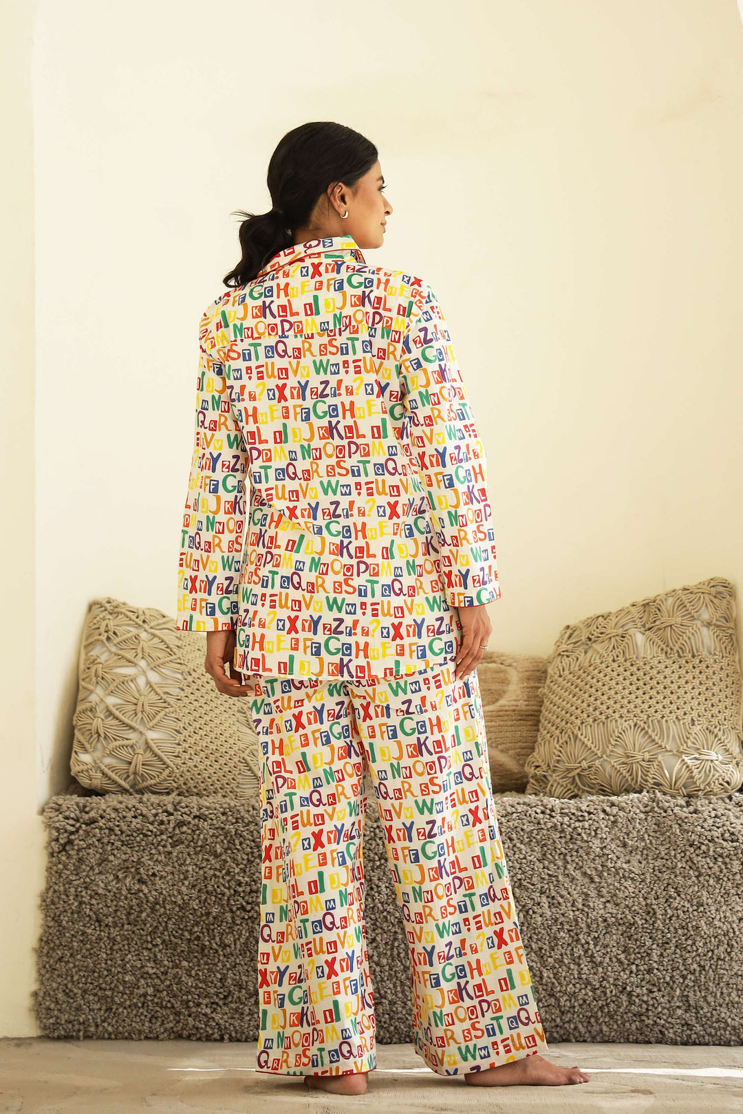 Multicolour Alphabet Print Cotton Night Suit