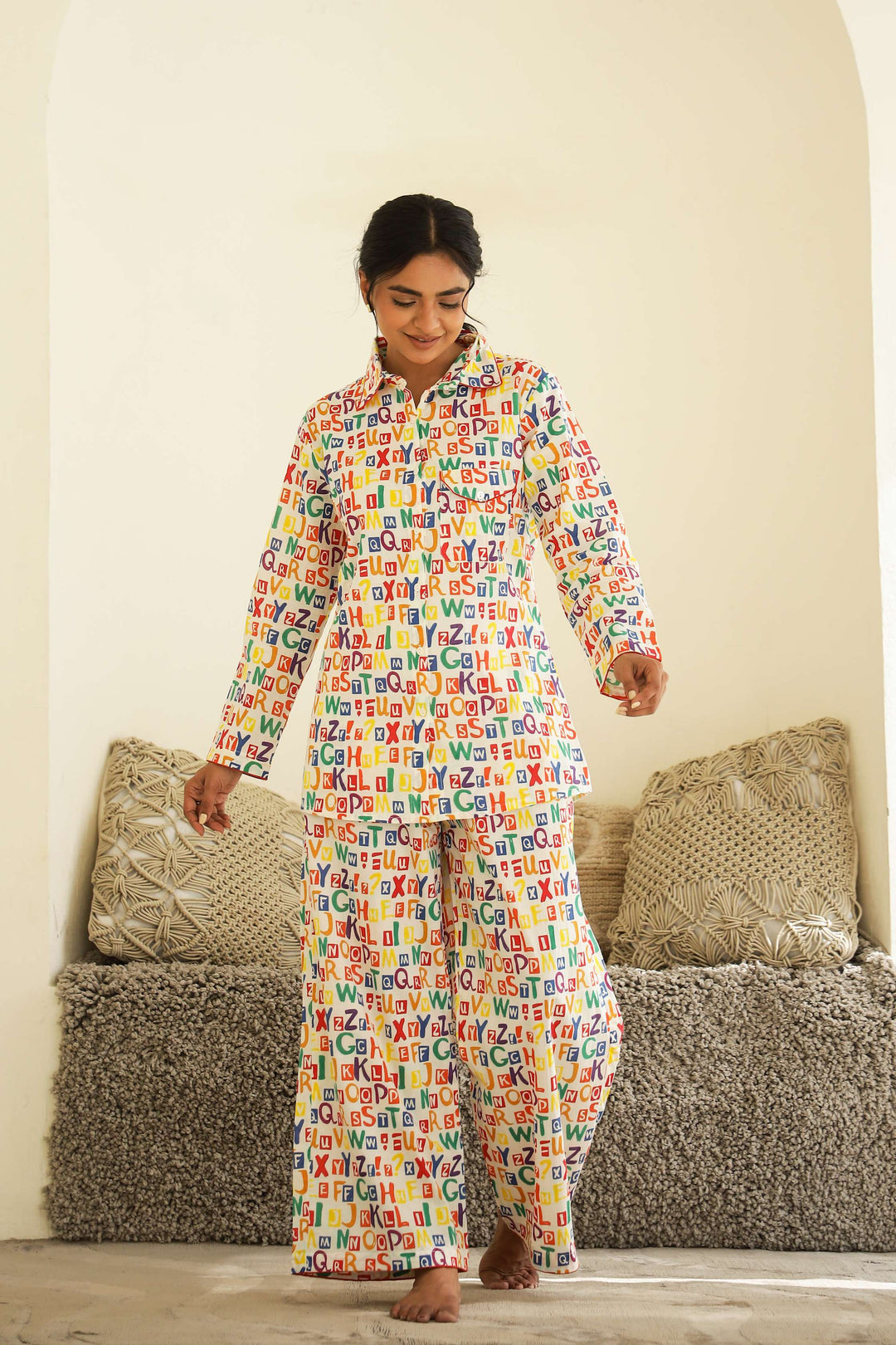 Multicolour Alphabet Print Cotton Night Suit