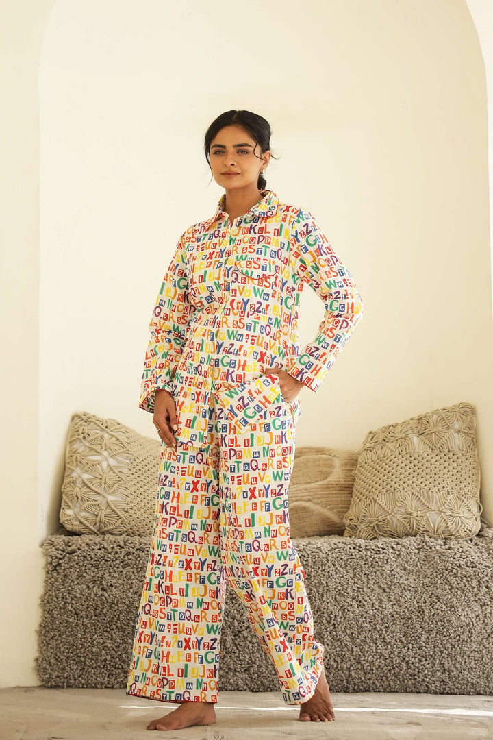 Multicolour Alphabet Print Cotton Night Suit