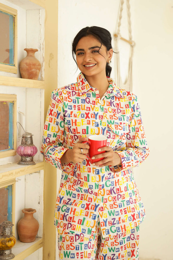 Multicolour Alphabet Print Cotton Night Suit