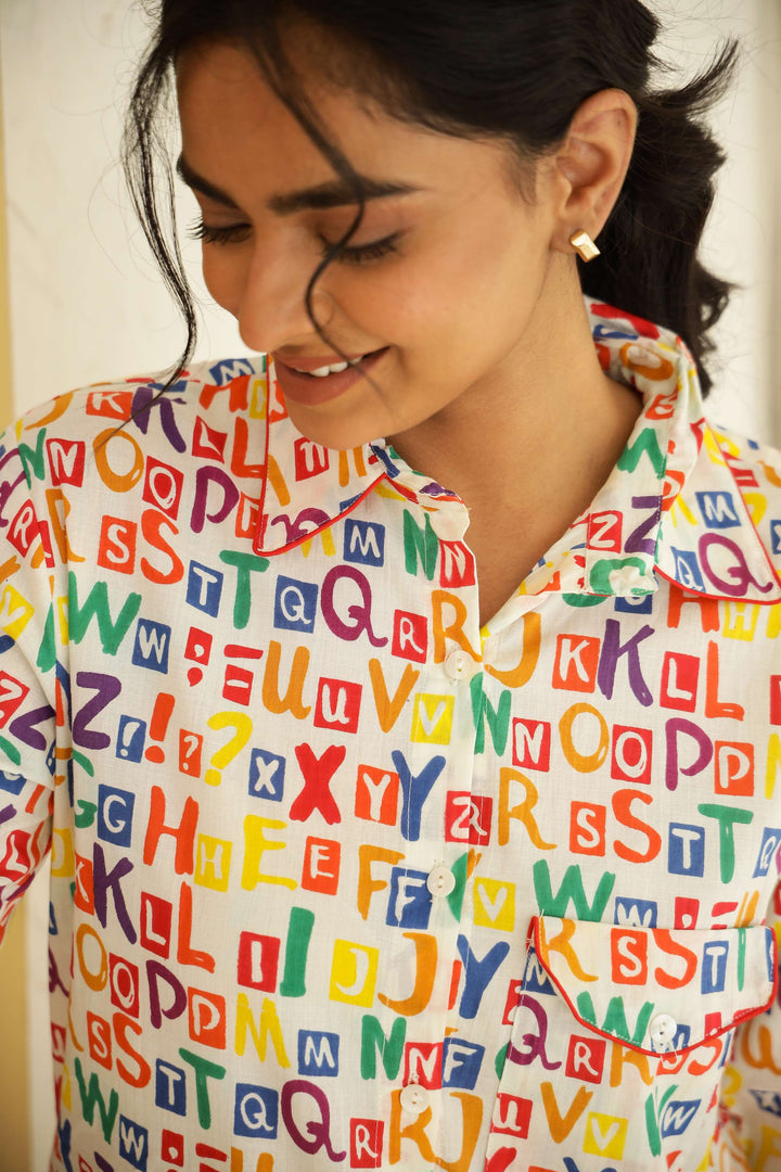 Multicolour Alphabet Print Cotton Night Suit