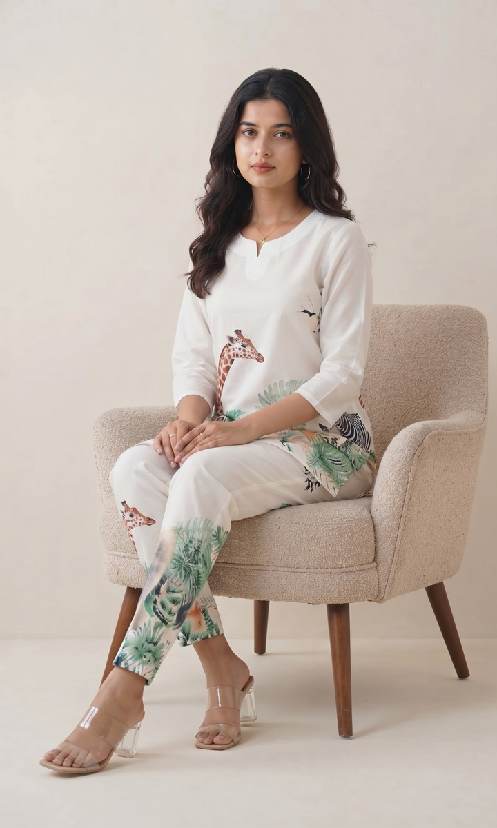 White Jungle Safari Co-Ord Set for Women – Animal Print Loungewear