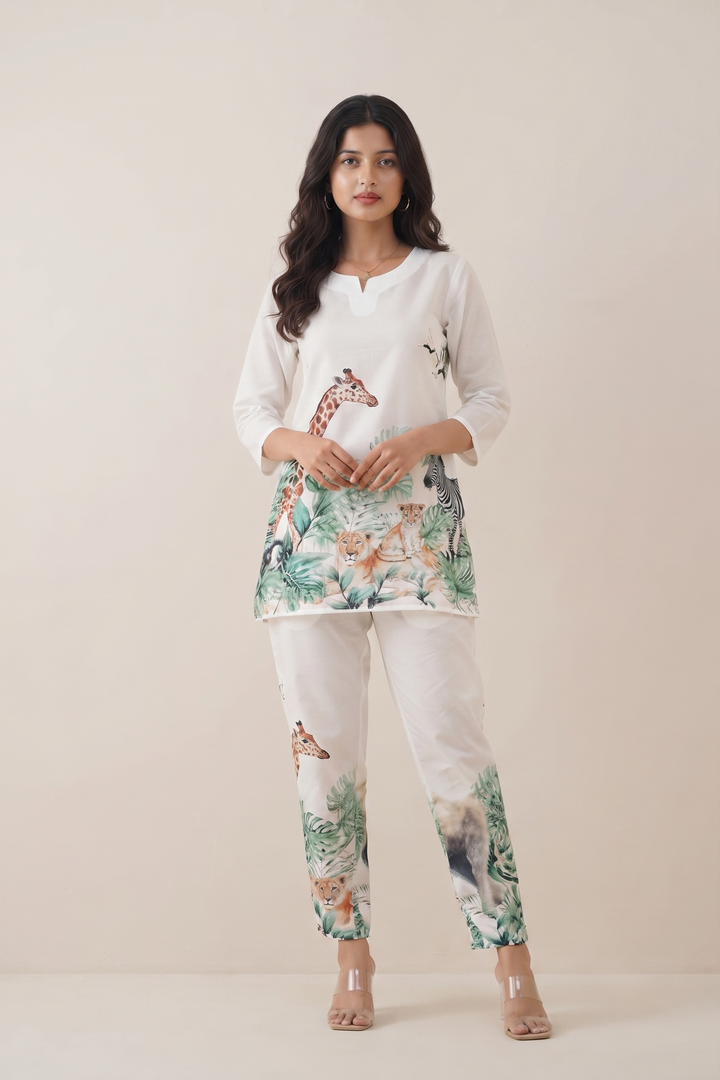 White Jungle Safari Co-Ord Set for Women – Animal Print Loungewear