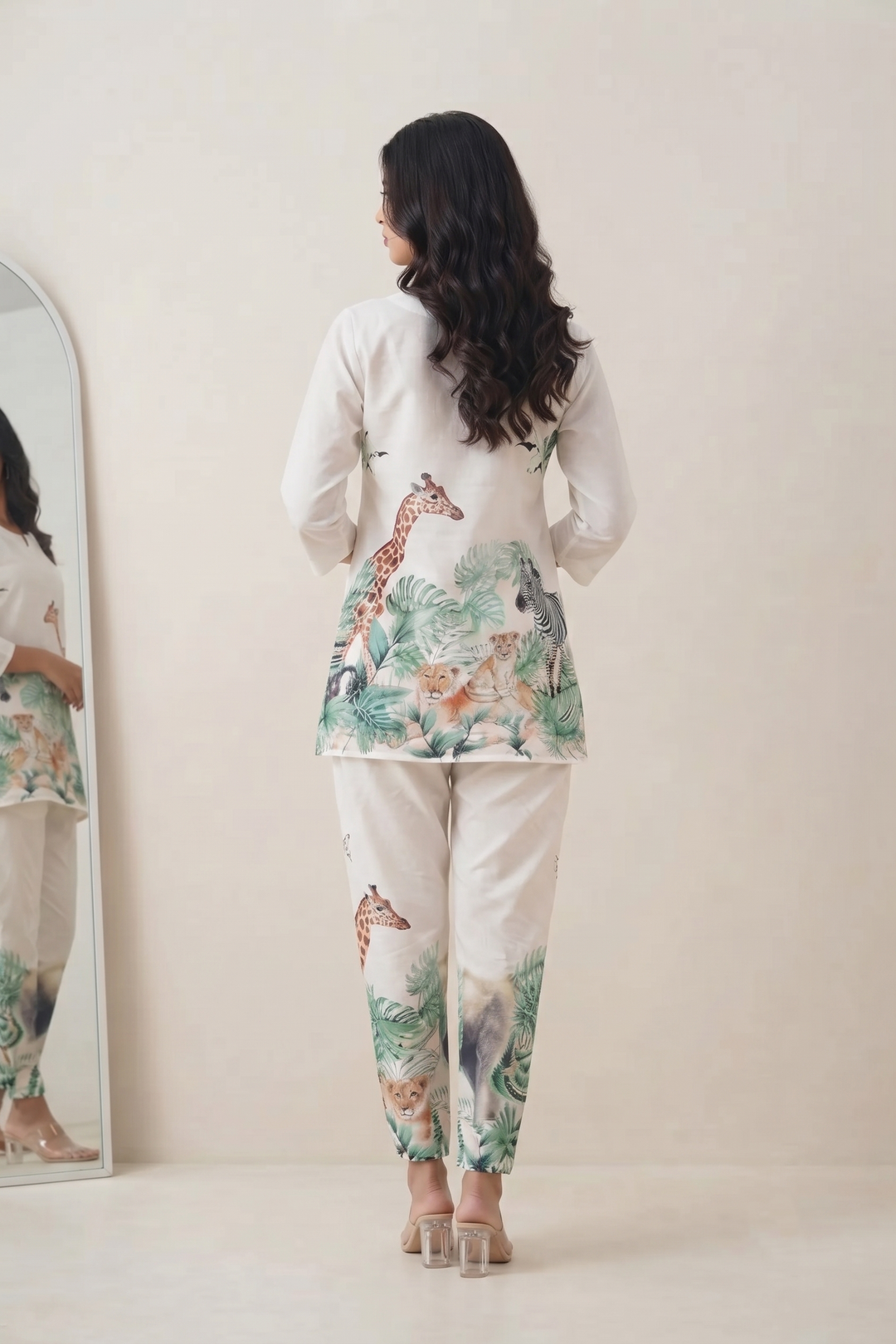 White Jungle Safari Co-Ord Set for Women – Animal Print Loungewear