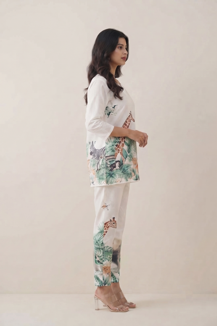 White Jungle Safari Co-Ord Set for Women – Animal Print Loungewear