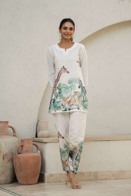 White Jungle Safari Co-Ord Set for Women – Animal Print Loungewear