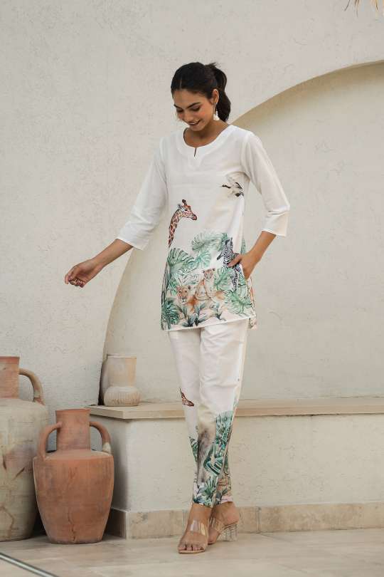 White Jungle Safari Co-Ord Set for Women – Animal Print Loungewear